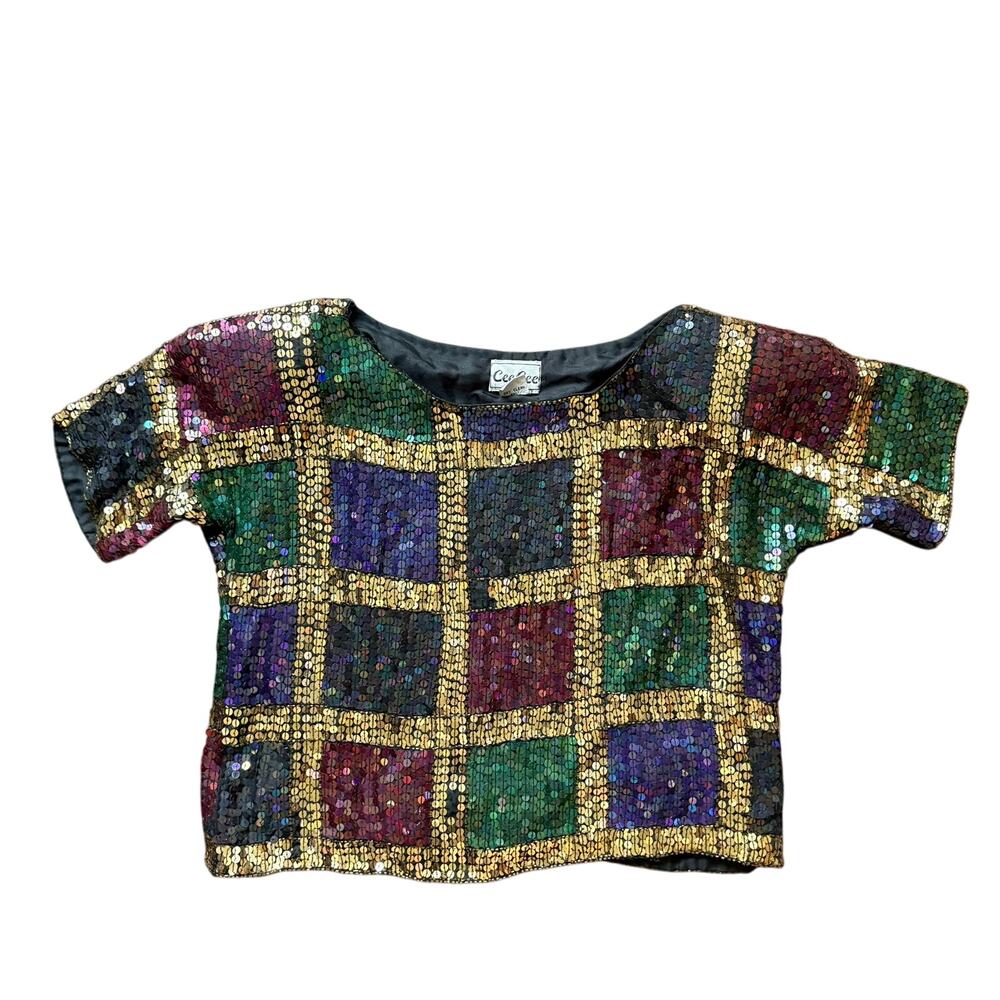 Vintage Cee Cee Sequin Cropped Party Top Multicolor Beaded Women’s Small